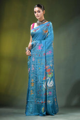 Celestial blue handmade swan embroidery kantha silk saree vibrant turquoise adorned 3