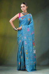 Celestial blue handmade swan embroidery kantha silk saree vibrant turquoise adorned 1