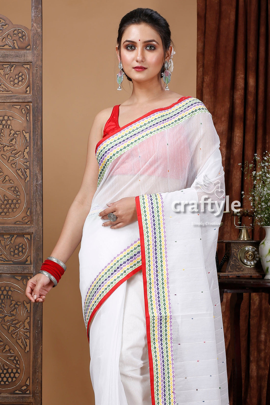 Ceramic White Handloom Bengal Cotton Saree with Woven Border-Craftyle