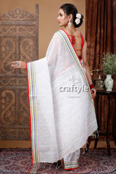 Ceramic White Handloom Bengal Cotton Saree with Woven Border-Craftyle