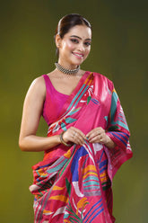 Cerise pink ethnic dhak motif kantha silk saree - handmade threadwork 2