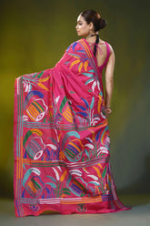 Cerise pink ethnic dhak motif kantha silk saree - handmade threadwork 5
