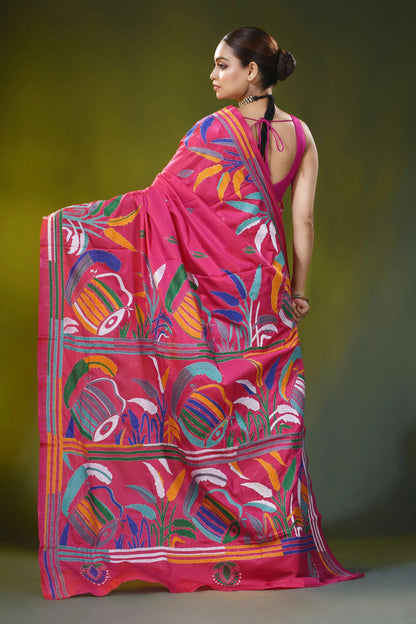 Cerise pink ethnic dhak motif kantha silk saree - handmade threadwork 5