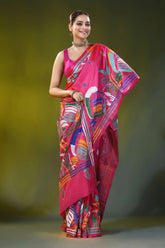 Cerise pink ethnic dhak motif kantha silk saree - handmade threadwork 6