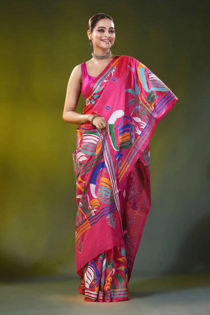 Cerise pink ethnic dhak motif kantha silk saree - handmade threadwork 6
