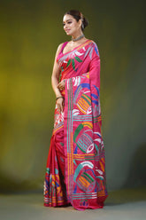 Cerise pink ethnic dhak motif kantha silk saree - handmade threadwork 3