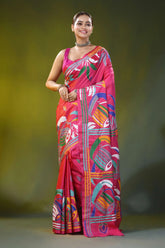 Cerise pink ethnic dhak motif kantha silk saree - handmade threadwork 7