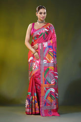 Cerise pink ethnic dhak motif kantha silk saree - handmade threadwork 1