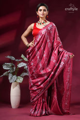 Cerise pink fish motif handcrafted silk kantha stitch saree rich maroon silk saree adorned 5