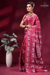Cerise pink fish motif handcrafted silk kantha stitch saree woman wears vibrant red saree 3