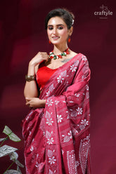 Cerise pink fish motif handcrafted silk kantha stitch saree woman wears vibrant red saree 2