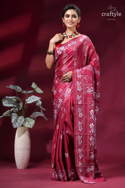 Cerise pink fish motif handcrafted silk kantha stitch saree woman wears vibrant pink saree 6