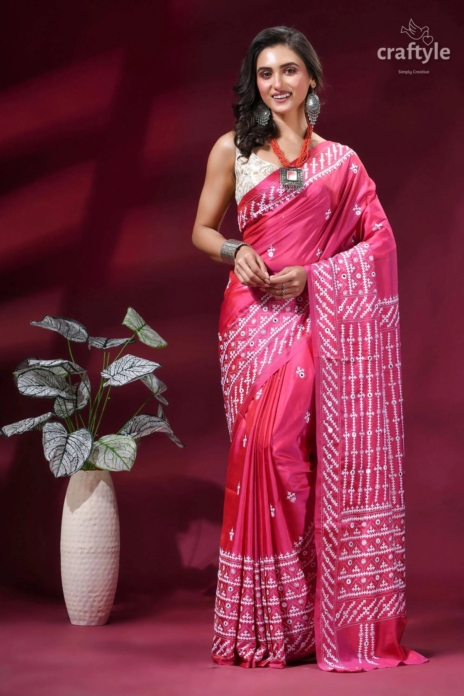Cerise pink hand kutch embroidered silk saree with mirror detailing vibrant pink saree intricate white 7