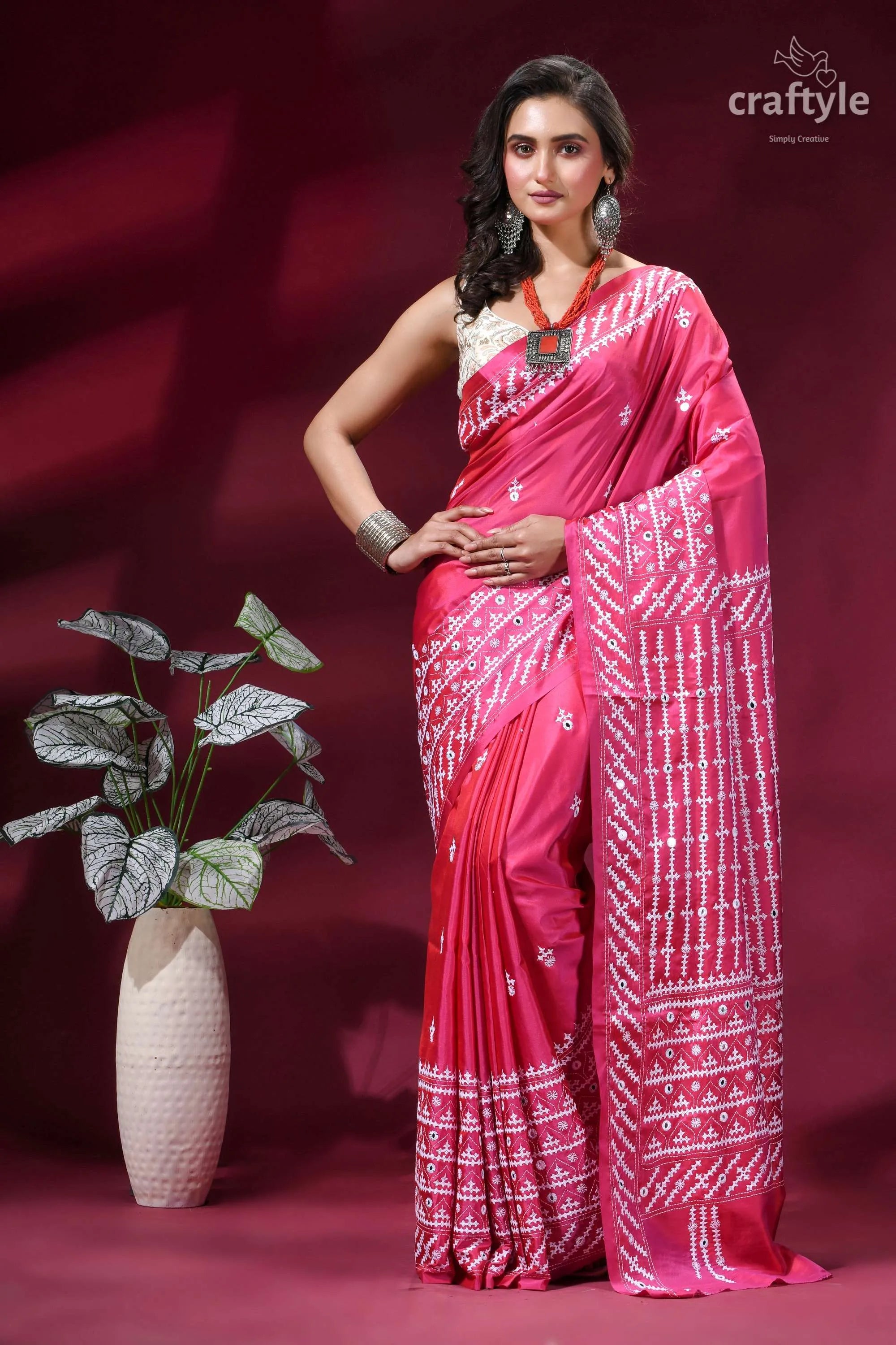 Cerise pink hand kutch embroidered silk saree with mirror detailing vibrant pink saree intricate white 1