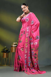 Cerise pink multi-thread floral handmade kantha embroidery silk saree 3