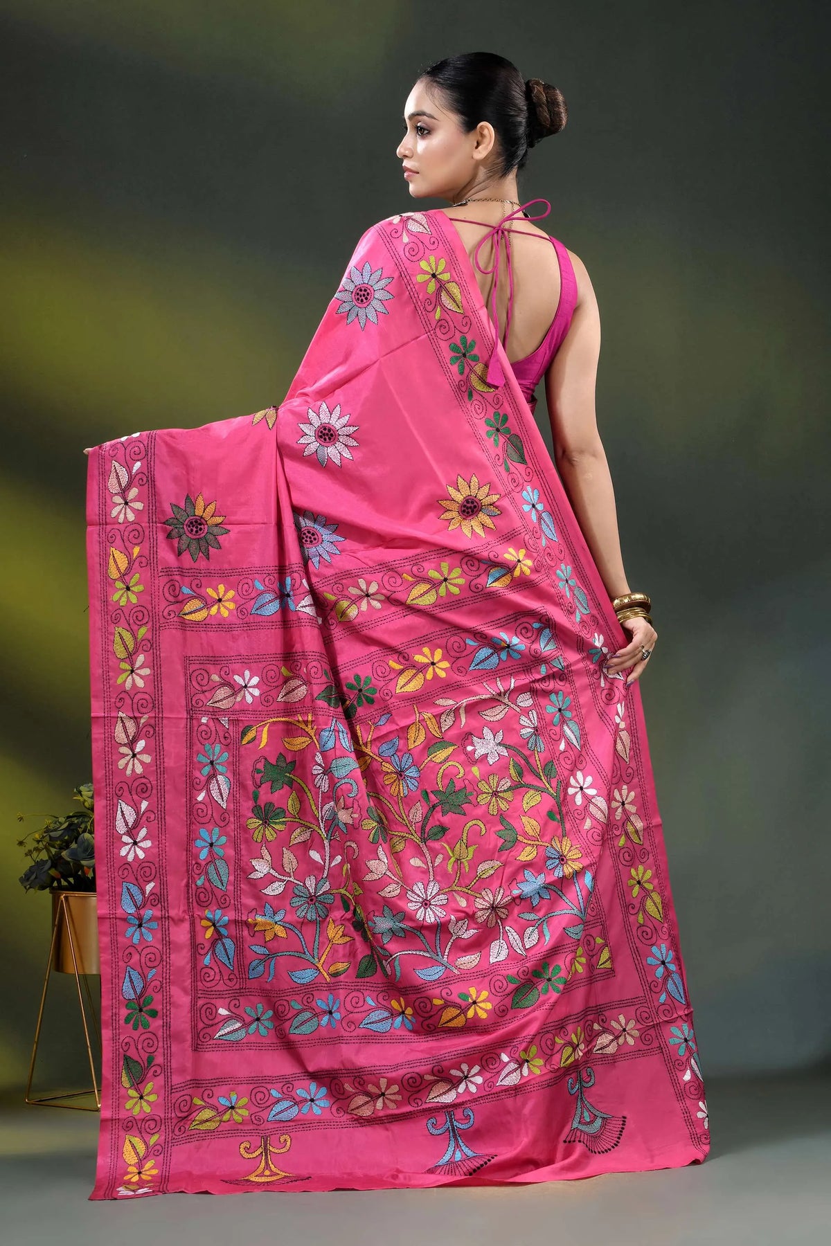Cerise pink multi-thread floral handmade kantha embroidery silk saree 6
