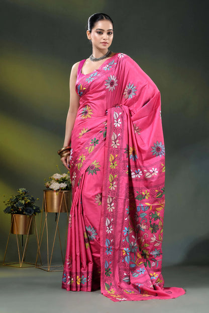 Cerise pink multi-thread floral handmade kantha embroidery silk saree 1