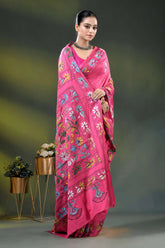 Cerise pink multi-thread floral handmade kantha embroidery silk saree 5