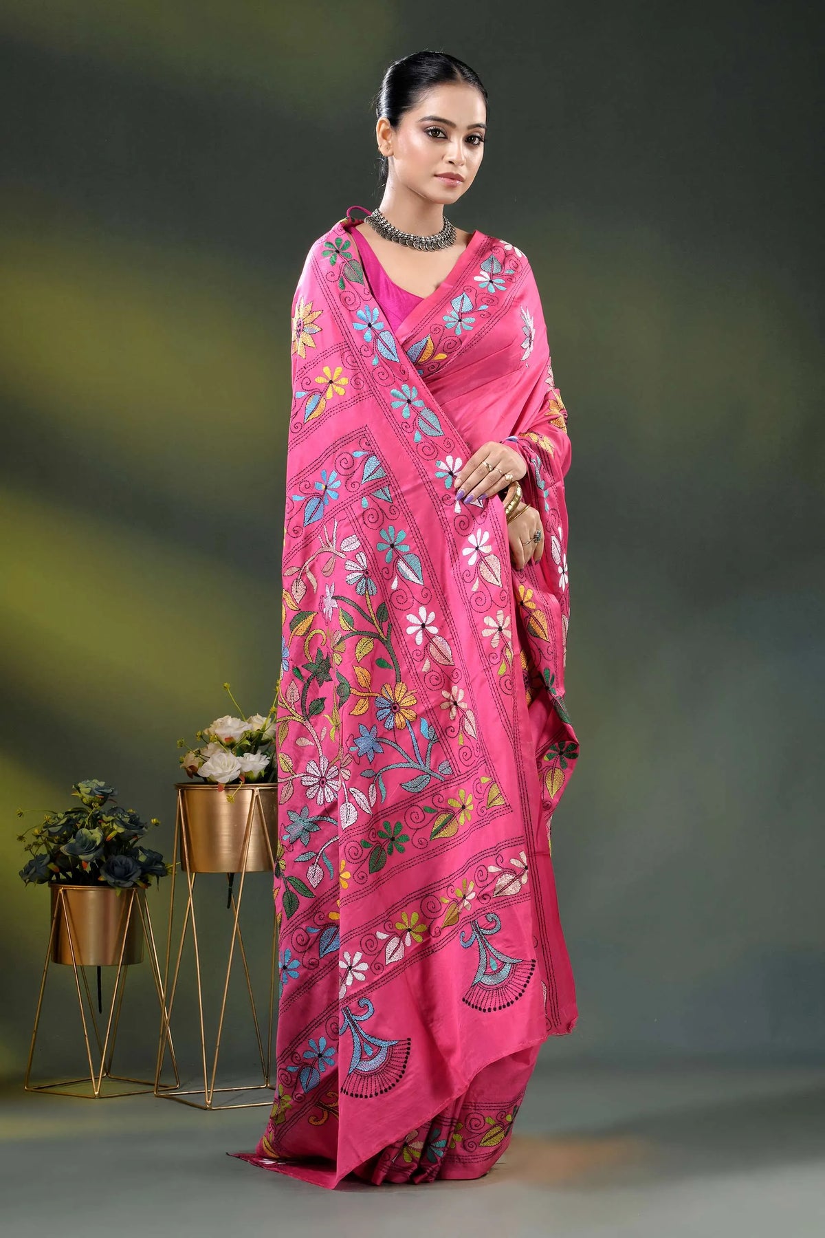 Cerise pink multi-thread floral handmade kantha embroidery silk saree 5