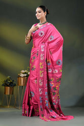 Cerise pink multi-thread floral handmade kantha embroidery silk saree 4