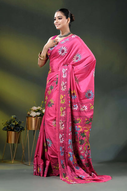 Cerise pink multi-thread floral handmade kantha embroidery silk saree 4