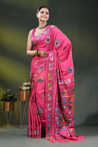 Cerise pink multi-thread floral handmade kantha embroidery silk saree 7