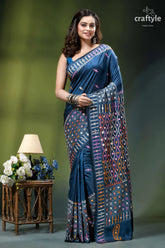 Cerulean blue hand kutch embroidery silk saree with mirror work deep blue silk saree adorned 1