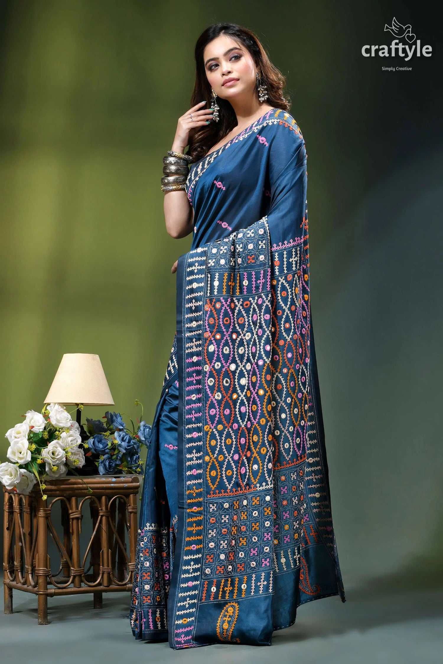 Cerulean blue hand kutch embroidery silk saree with mirror work navy blue silk saree adorned 3
