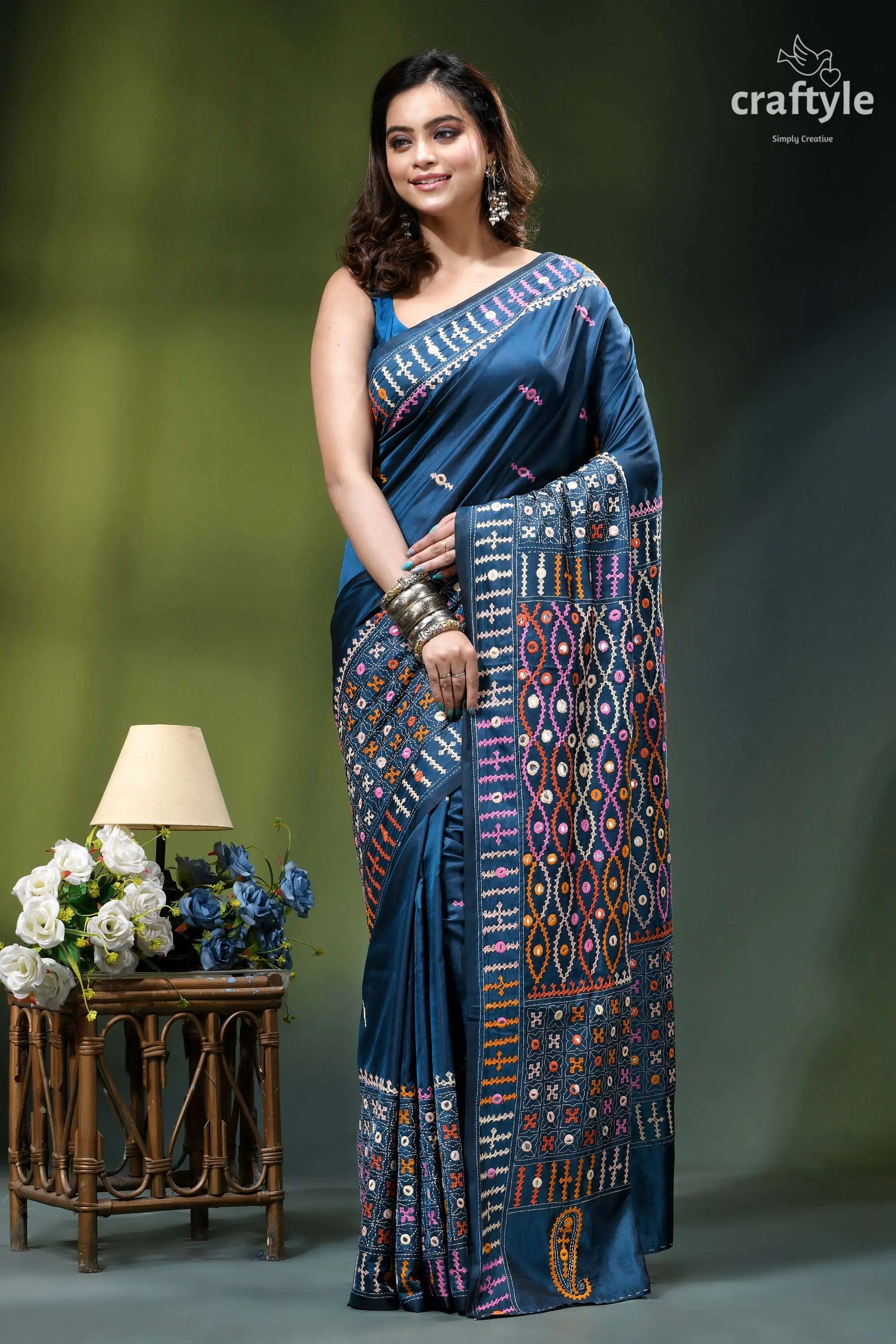 Cerulean blue hand kutch embroidery silk saree with mirror work deep blue silk saree adorned 2