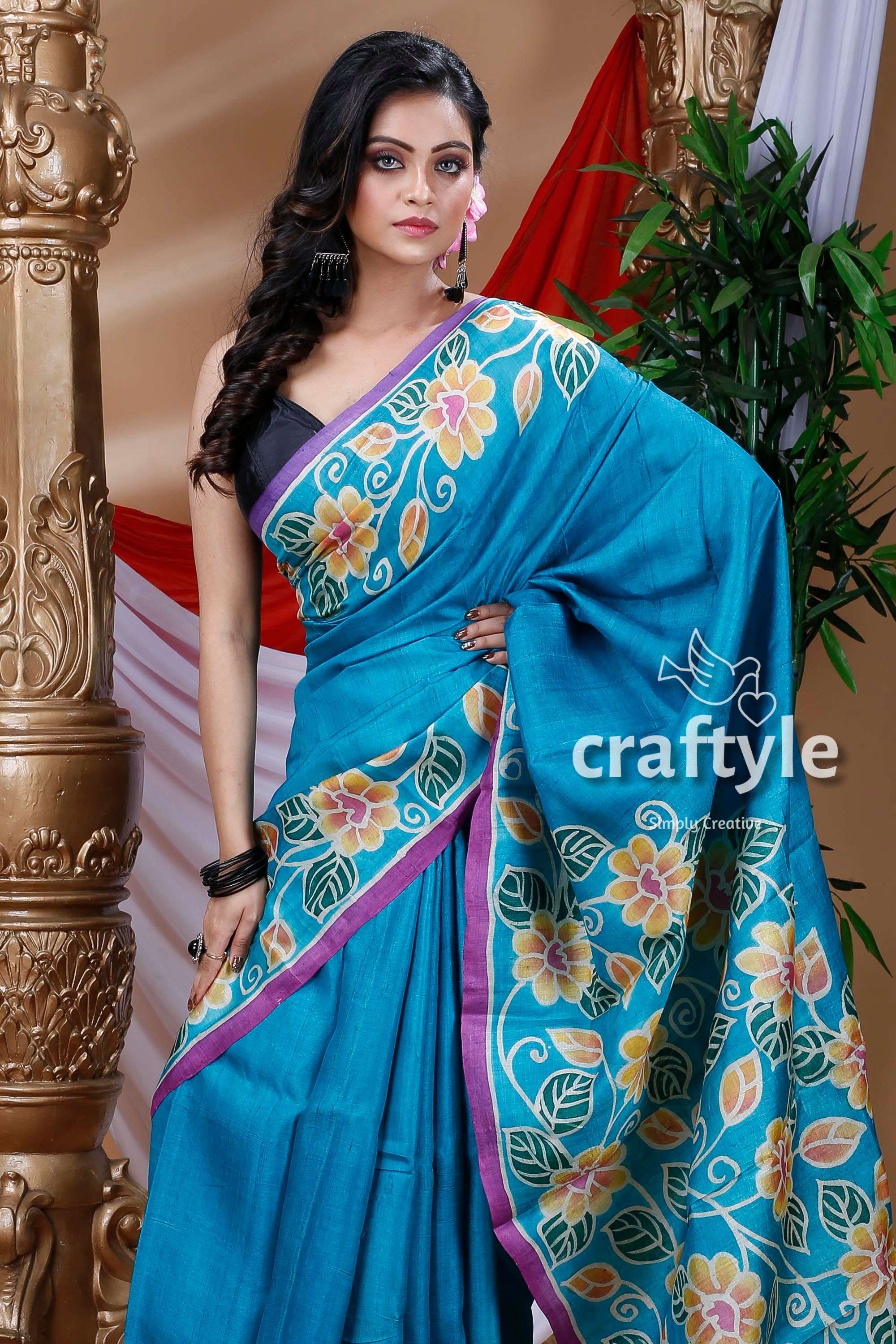 Cerulean Blue Handcrafted Pure Tussar Silk Saree - Craftyle
