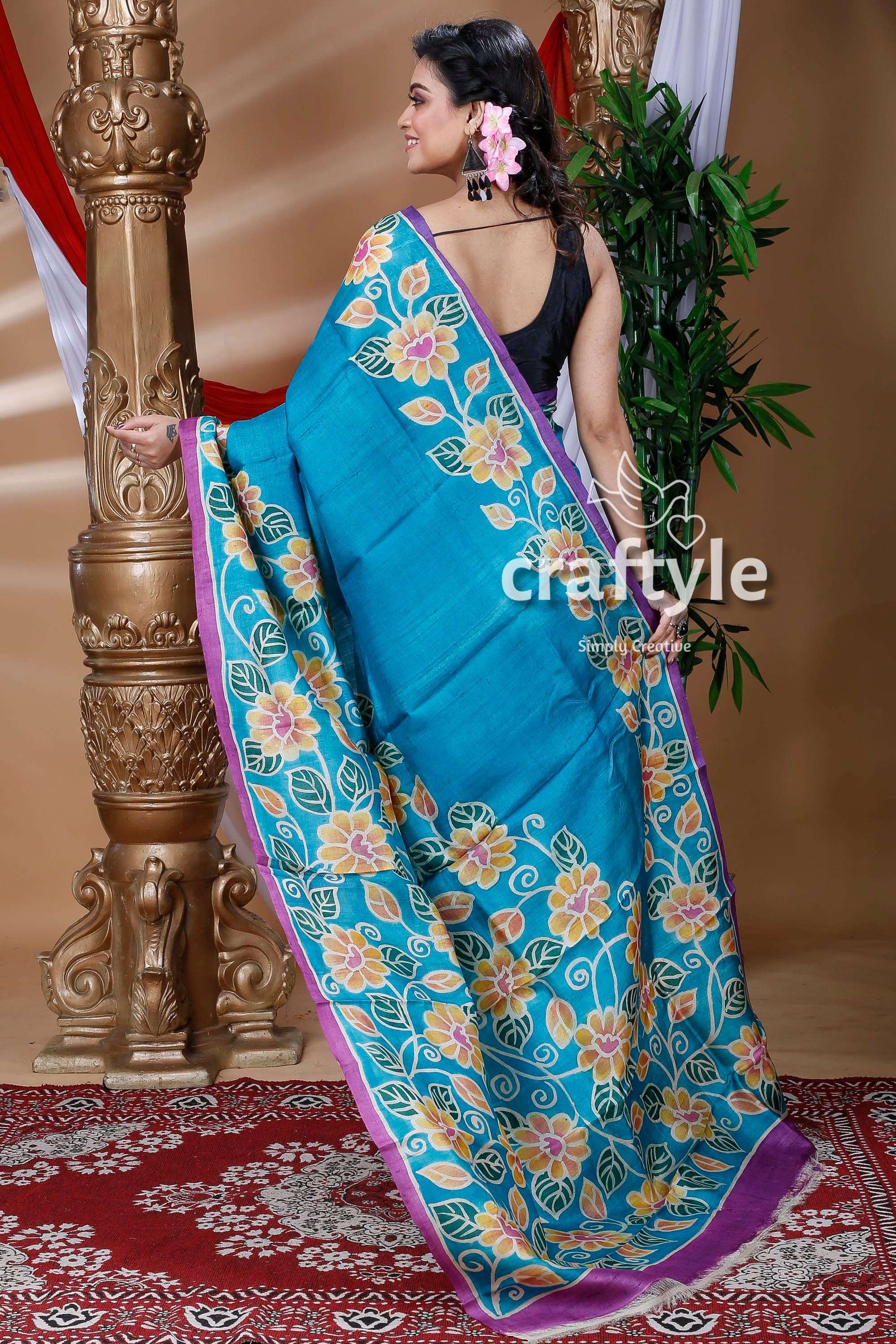 Cerulean Blue Handcrafted Pure Tussar Silk Saree - Craftyle