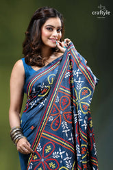 Cerulean blue handmade silk saree with multicolor kutch embroidery navy blue saree intricate red 2