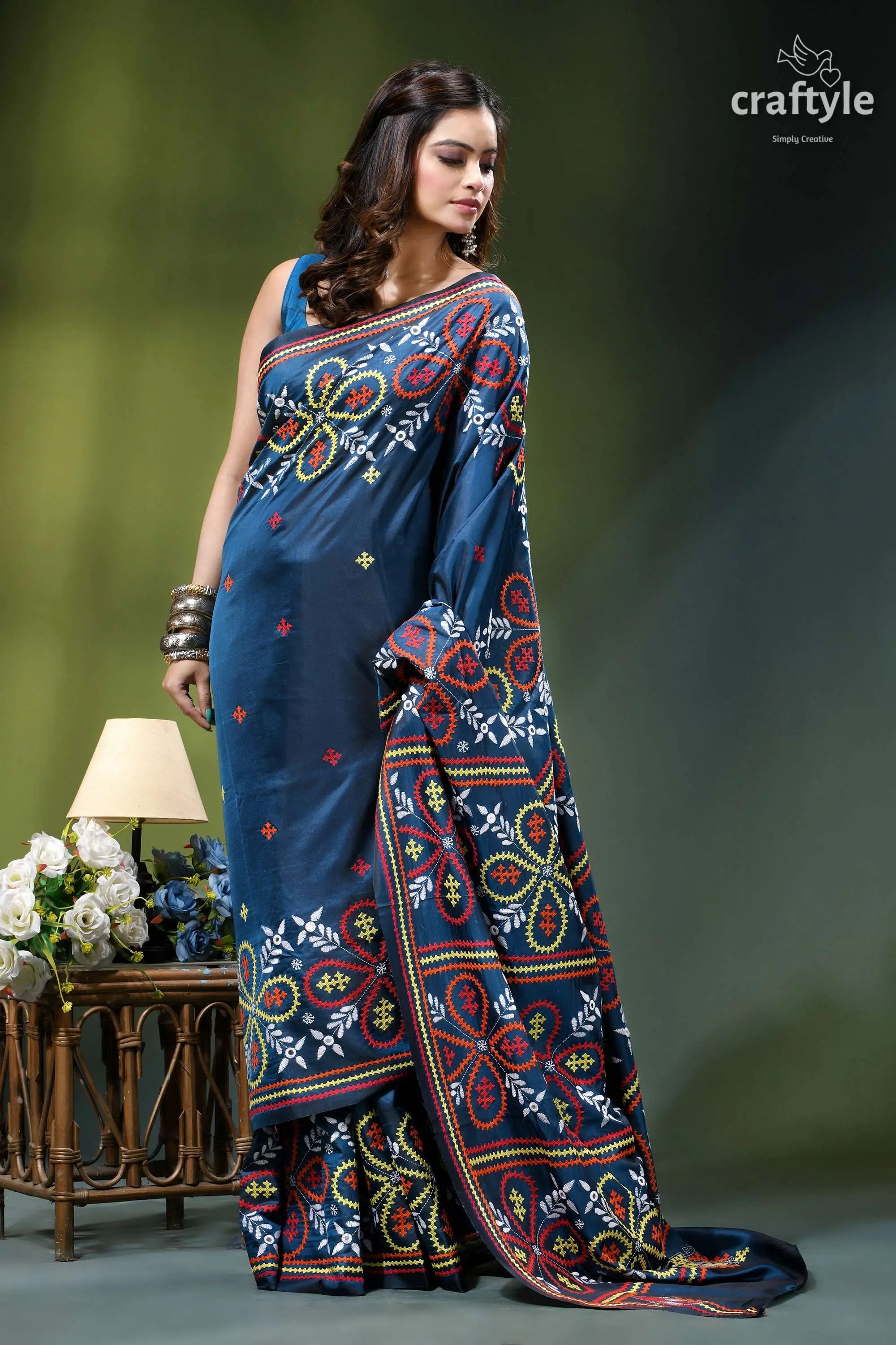 Cerulean blue handmade silk saree with multicolor kutch embroidery navy blue saree intricate red 4