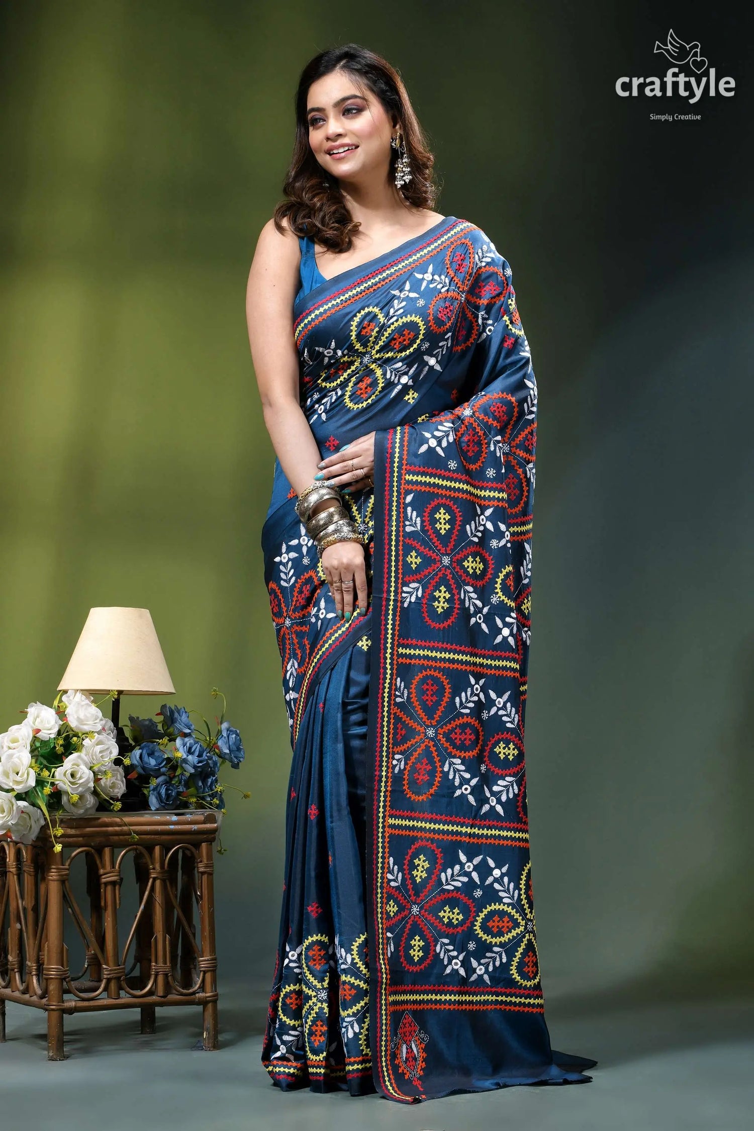 Cerulean blue handmade silk saree with multicolor kutch embroidery navy blue saree intricate embroidered 6