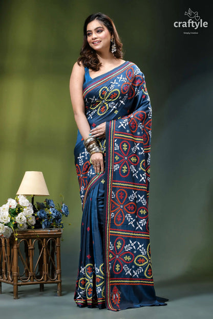 Cerulean blue handmade silk saree with multicolor kutch embroidery navy blue saree intricate embroidered 6