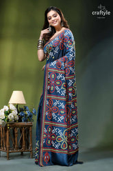 Cerulean blue handmade silk saree with multicolor kutch embroidery navy blue saree intricate floral 3