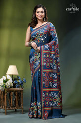 Cerulean blue handmade silk saree with multicolor kutch embroidery navy blue saree intricate red 1