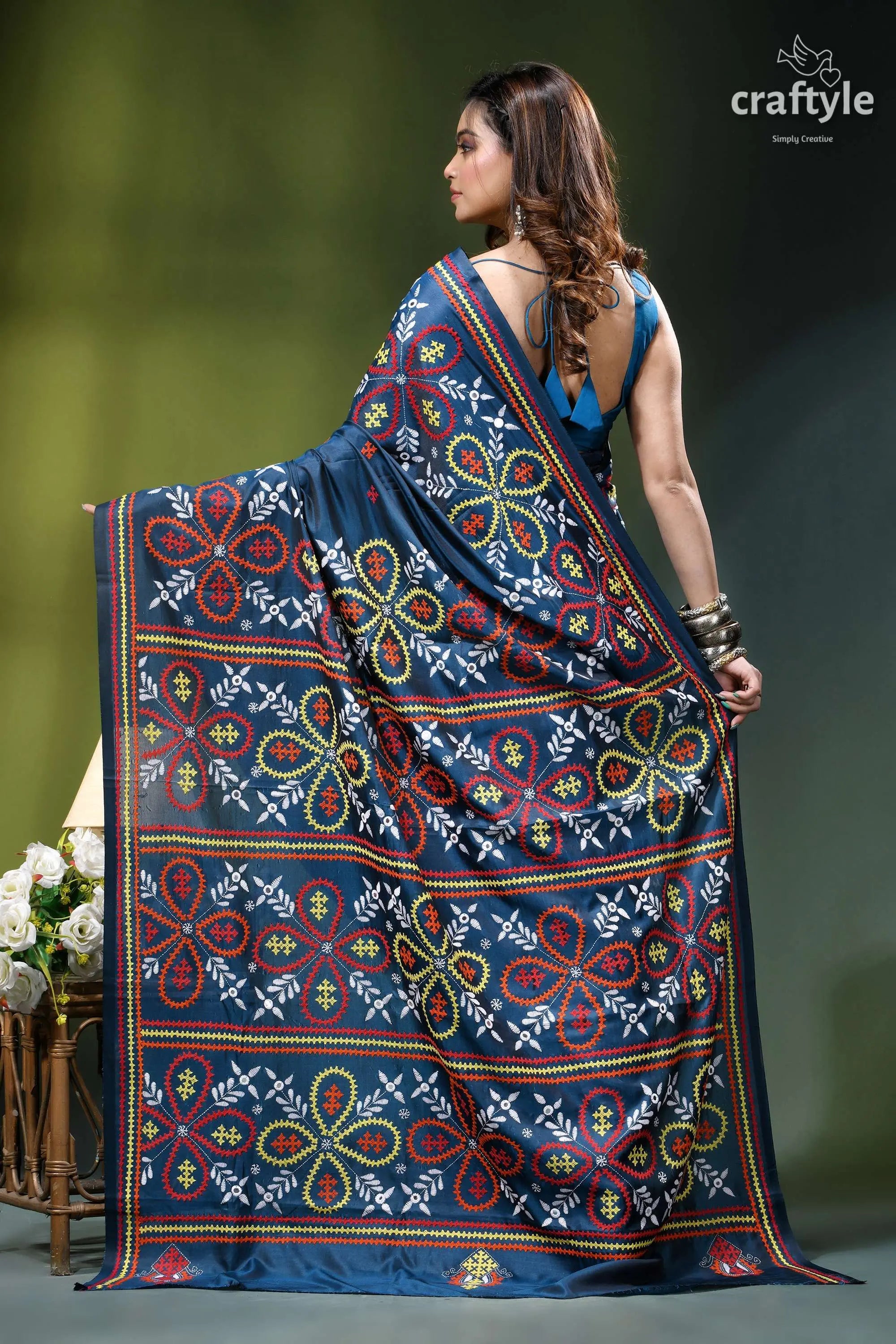 Cerulean blue handmade silk saree with multicolor kutch embroidery navy blue silk saree adorned 5
