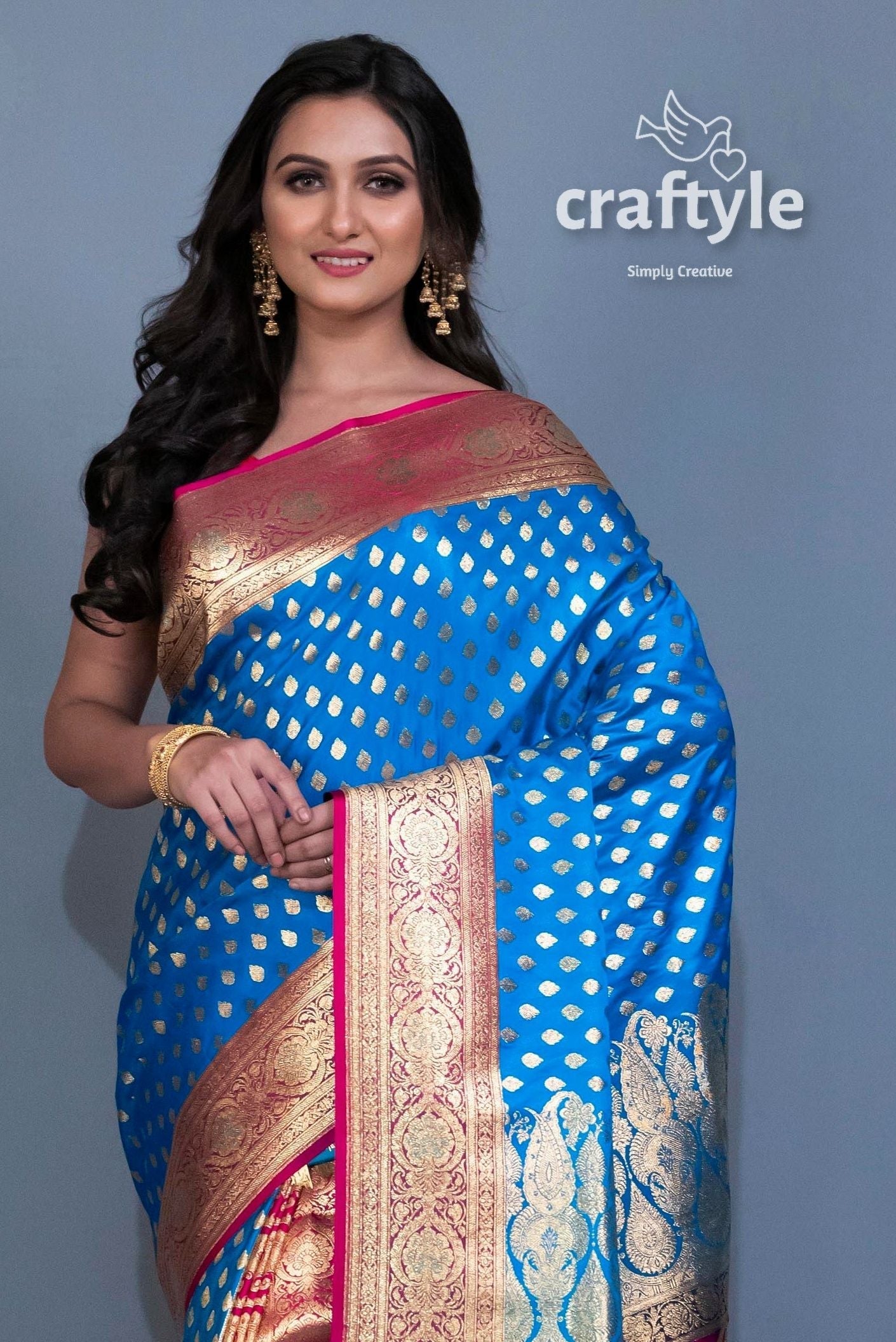 Cerulean Blue Satin Silk Banarasi Sari for Women - Craftyle