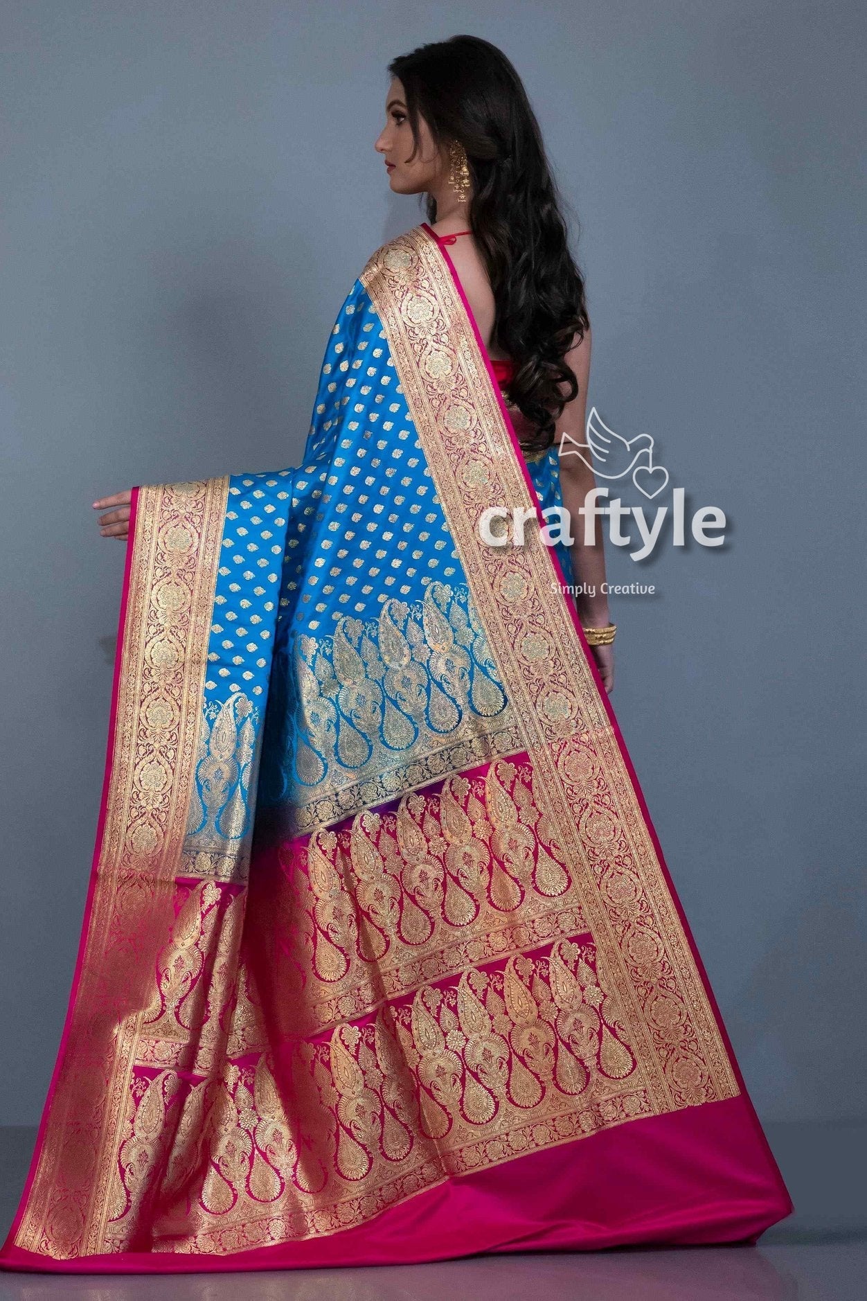 Cerulean Blue Satin Silk Banarasi Sari for Women - Craftyle