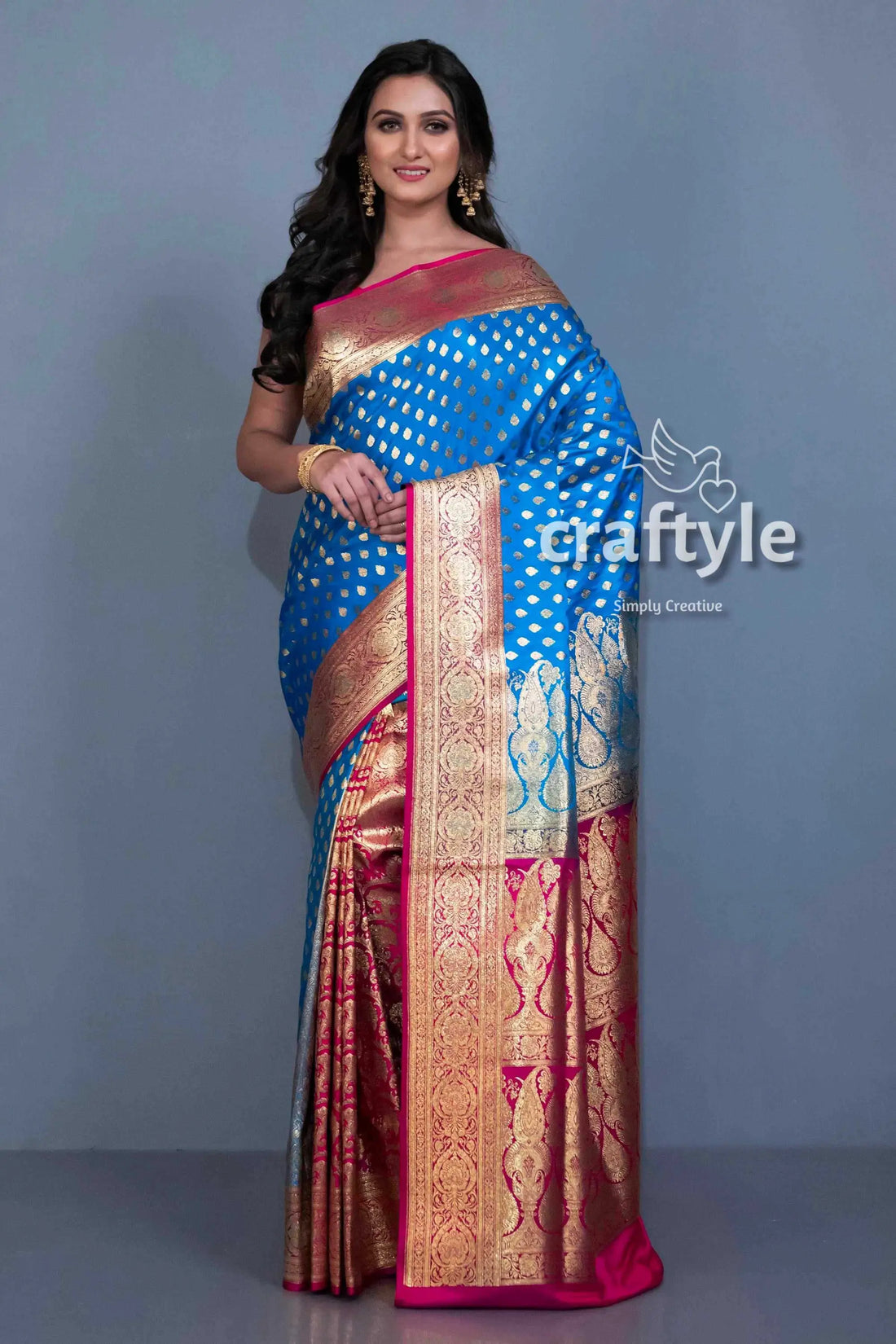Cerulean blue satin silk banarasi sari for women blue pink silk saree 1