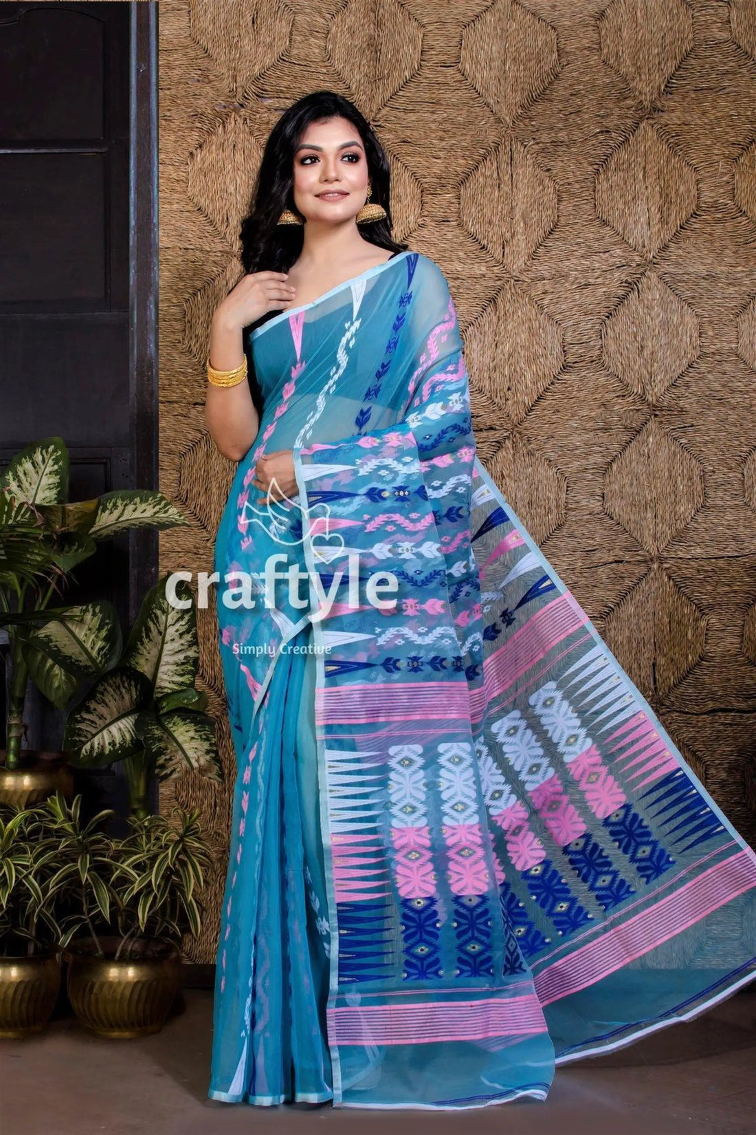 Cerulean blue soft dhakai jamdani saree blue pink patterned saree 2