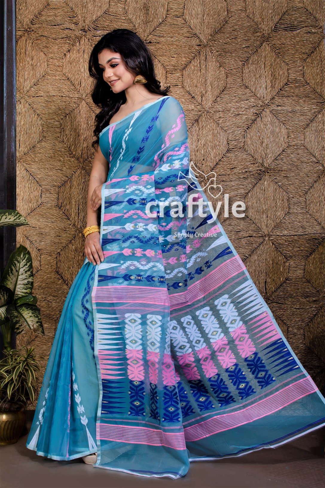 Cerulean Blue Soft Dhakai Jamdani Saree - Craftyle