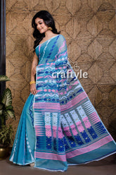 Cerulean Blue Soft Dhakai Jamdani Saree - Craftyle