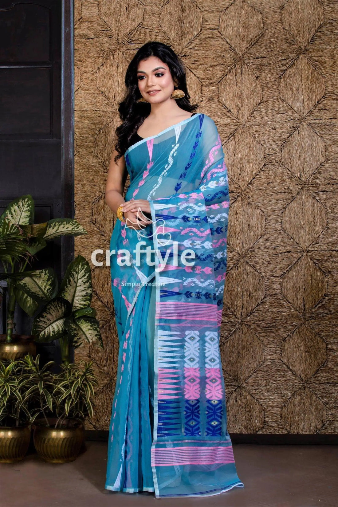 Cerulean blue soft dhakai jamdani saree blue pink patterned saree 1