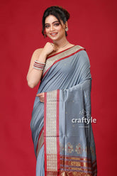 Cerulean Blue Zari Border Bomkai Silk Saree-Craftyle