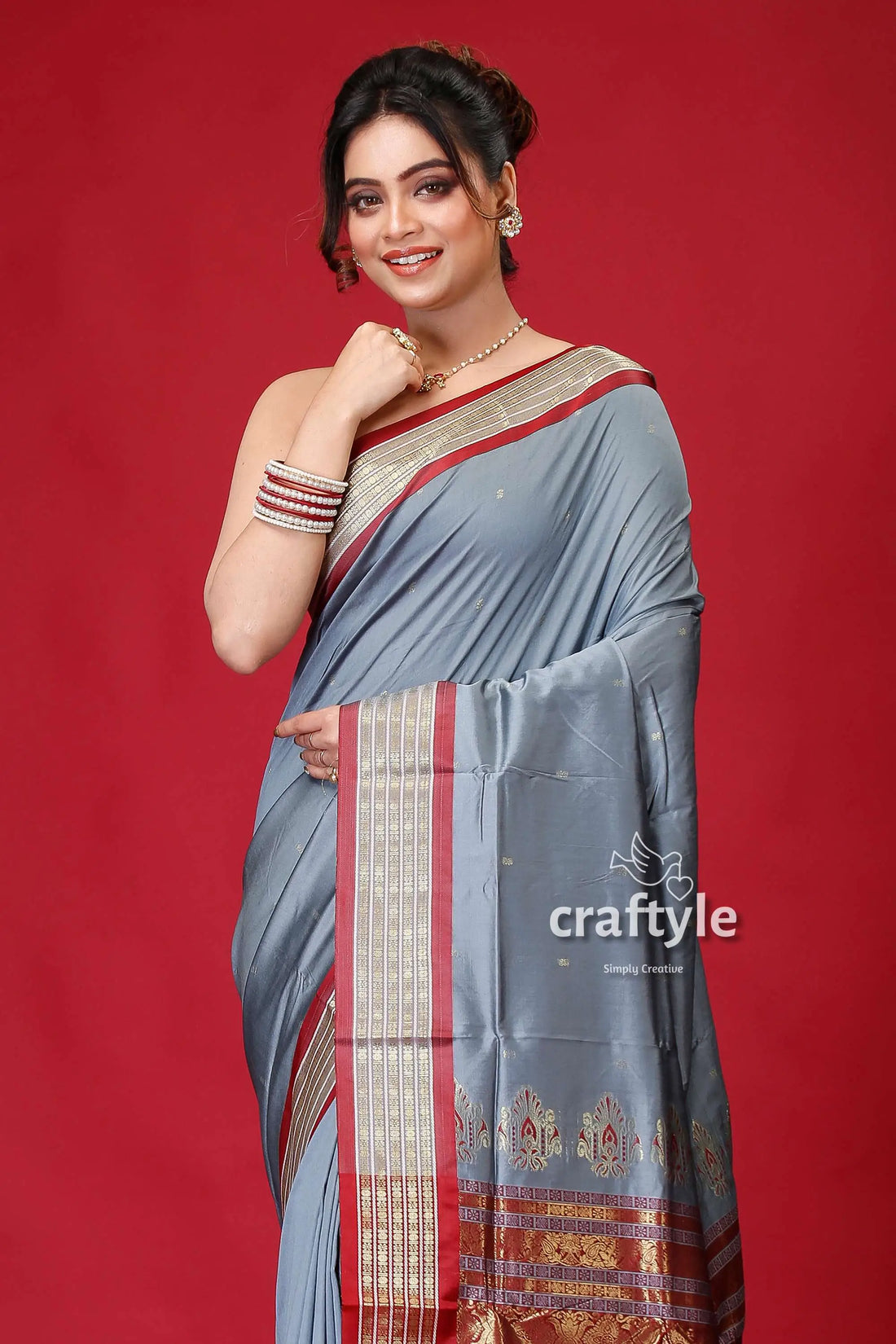 Cerulean blue zari border bomkai silk saree woman gray saree red gold 2