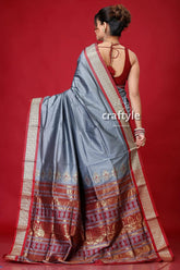 Cerulean blue zari border bomkai silk saree gray silk saree red gold 5