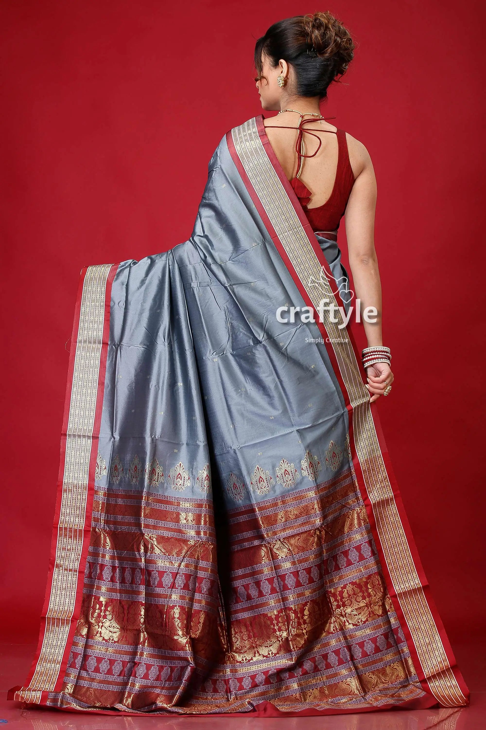 Cerulean blue zari border bomkai silk saree gray silk saree red gold 5