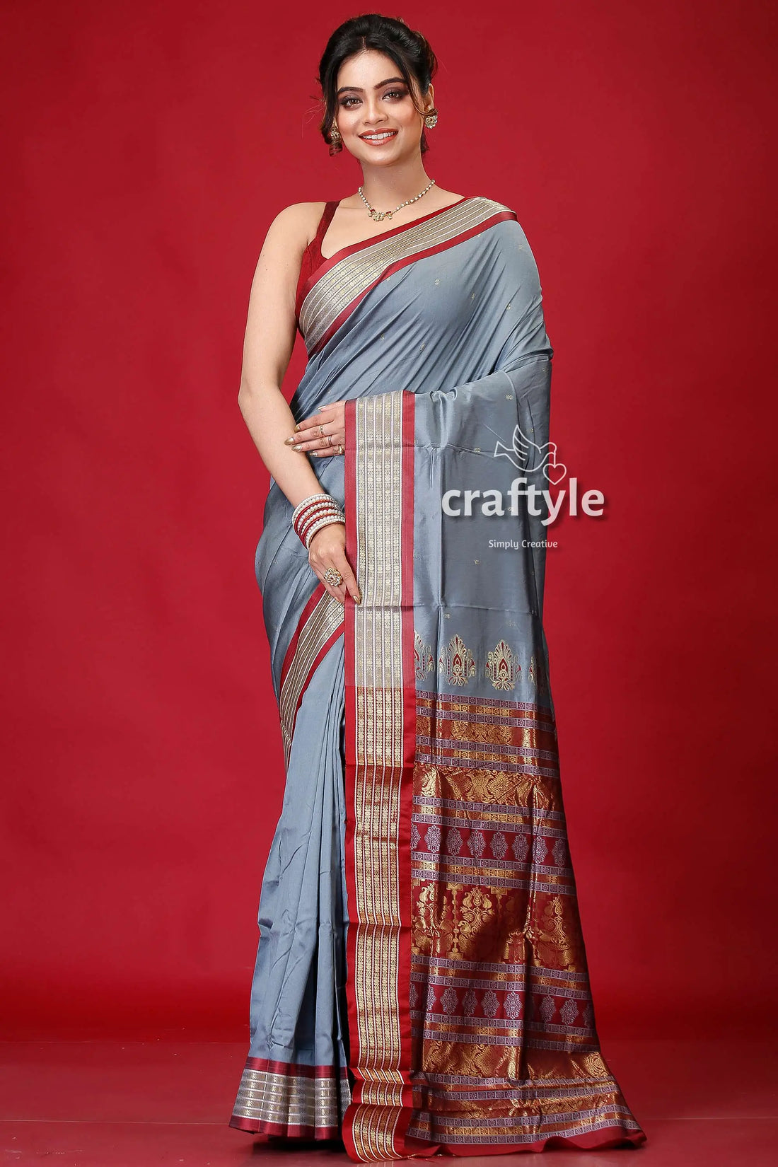 Cerulean blue zari border bomkai silk saree gray saree red gold border 1